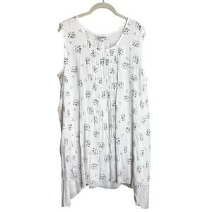 NorthStyle Womens Sleeveless Tunic Top XL White Navy Floral Crinkle Blouse Boho